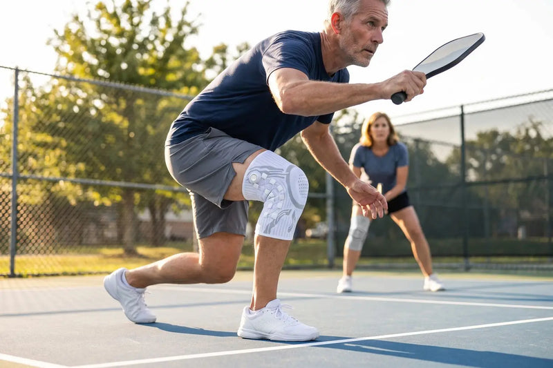 Player wearing Reoviva Dial Knee Support on a pickleball court