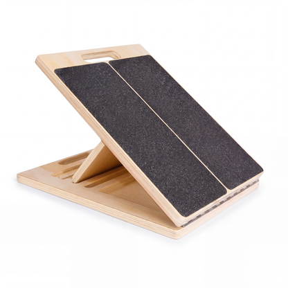 Reoviva wooden slant board set at an incline, side view