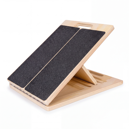 Reoviva slant board grip surface with folding support and slotted base