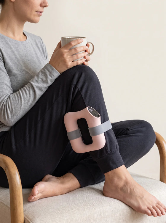 Reoviva Pro strapped to the calf while relaxing at home