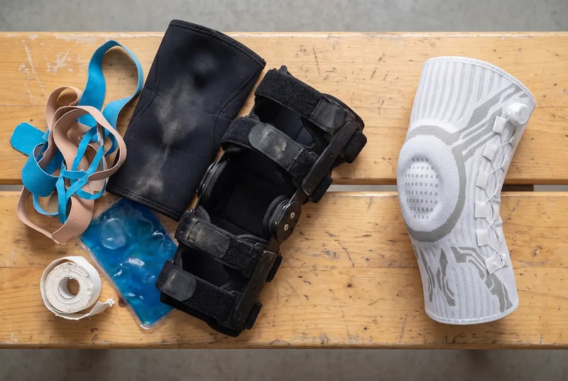 Used tape, wraps and ice packs next to one Reoviva Dial Knee Support