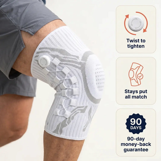 Reoviva Dial Knee Support, white knit knee brace with twist dial, worn on the knee