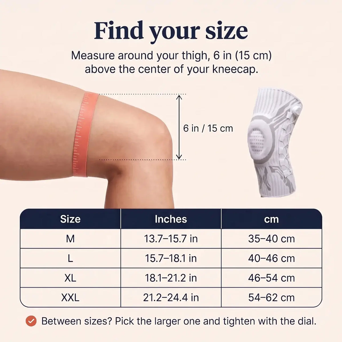 Reoviva knee brace size chart: measure thigh 6 in above the kneecap, sizes M to XXL