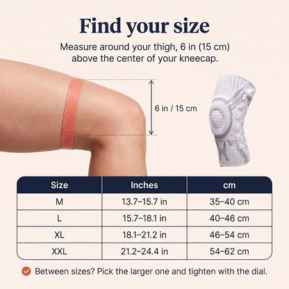Reoviva knee brace size chart: measure thigh 6 in above the kneecap, sizes M to XXL