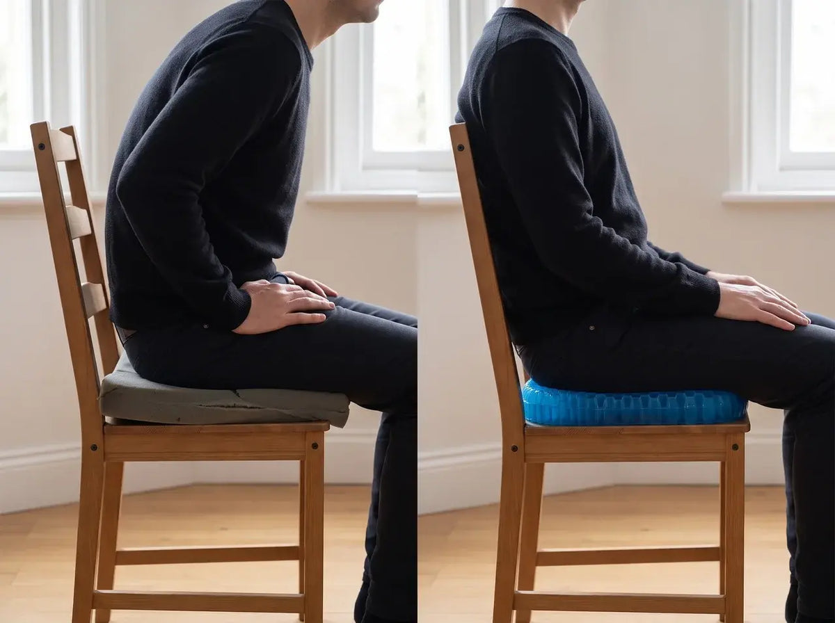 The same person on the same chair: perched forward on a flattened foam cushion, sitting back on the Reoviva gel cushion