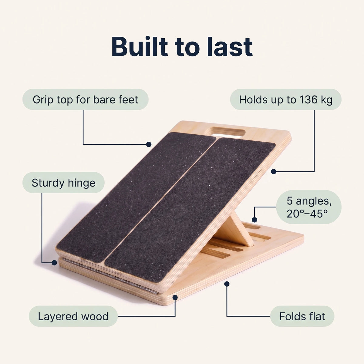 Reoviva Slant Board features: grip top, sturdy hinge, layered wood, holds up to 136 kg, 5 angles, folds flat