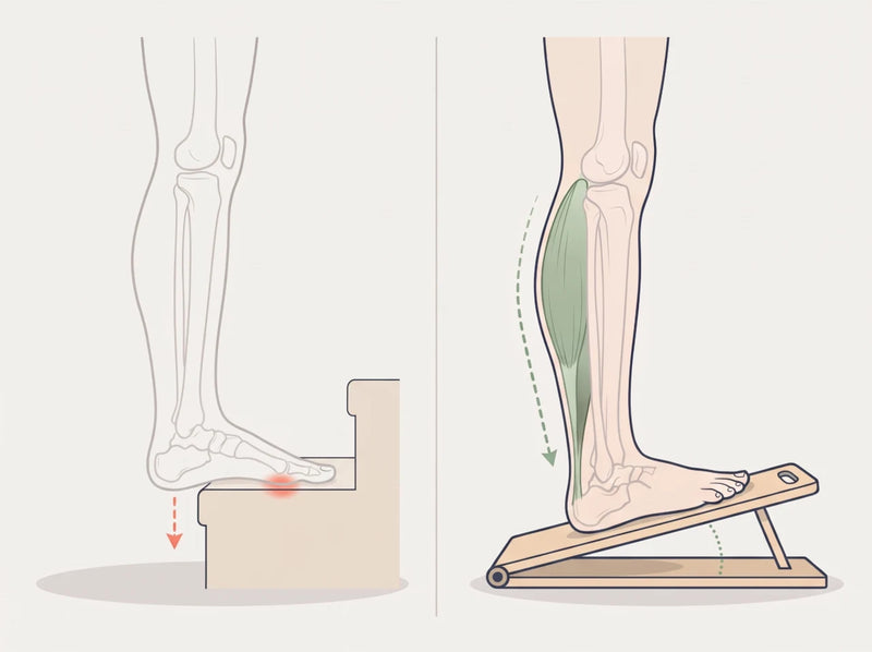 On a stair edge only the front of the foot is supported and the heel hangs. On the Reoviva Slant Board the whole foot rests flat at an angle.