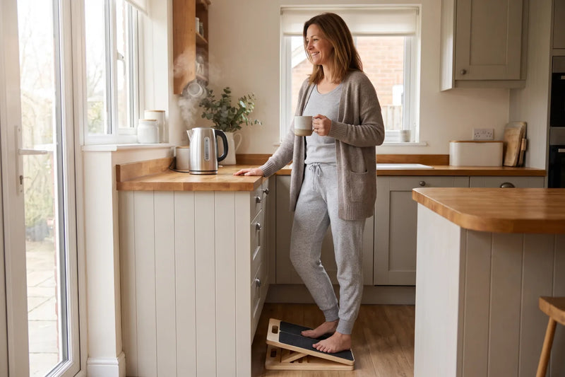 Woman stretching her calves on the Reoviva Slant Board in the kitchen while the kettle boils