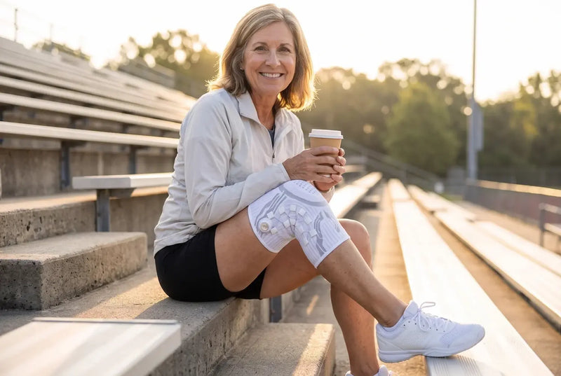 Reoviva Dial Knee Support on stadium stairs