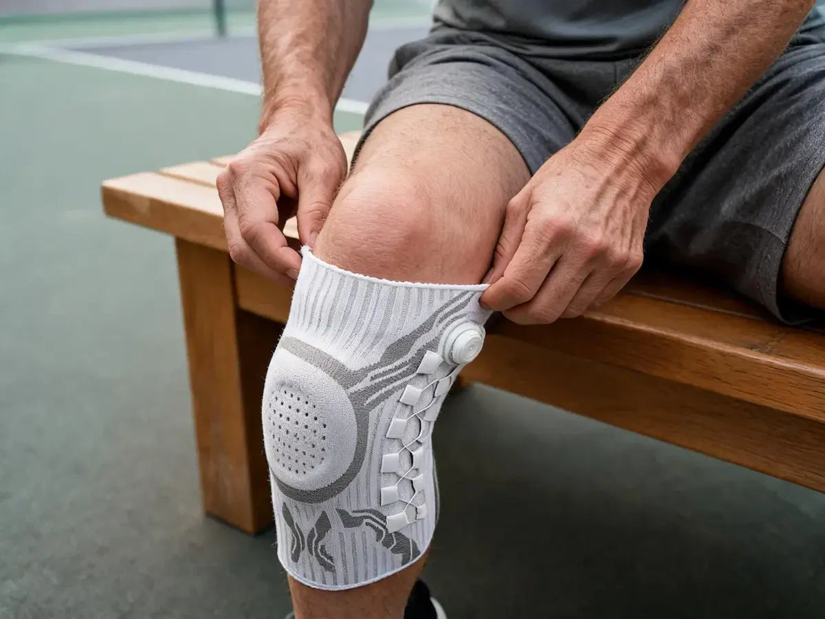Pulling the Reoviva dial knee brace up the shin like a sock